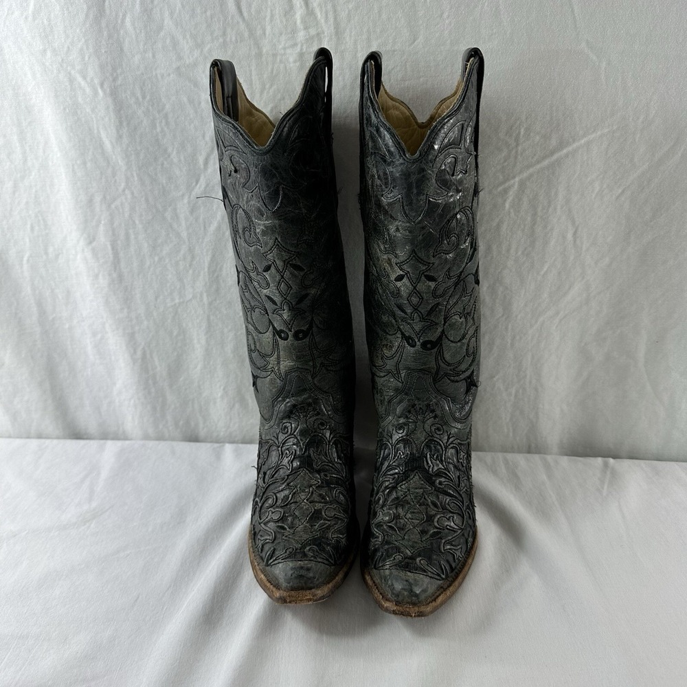 Corral Hancrafted Black Textured Inlay Cowboy Western Women's Boots Size 7 M - Picture 4 of 12